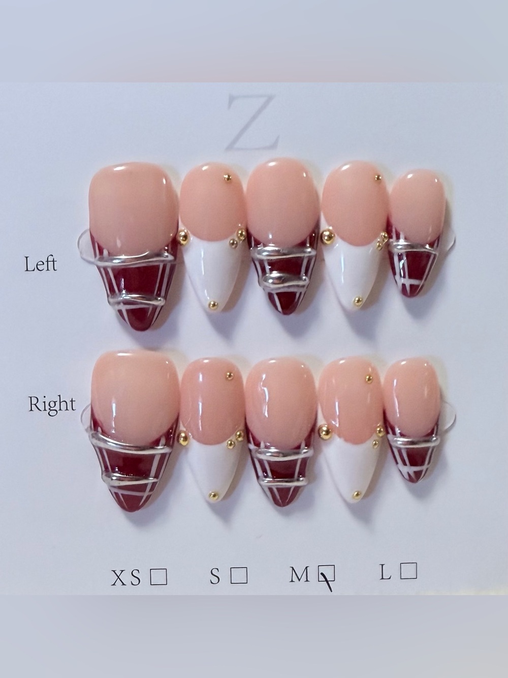 Nude Pink & White Decorative Press-On Nail Set with Gold Accents